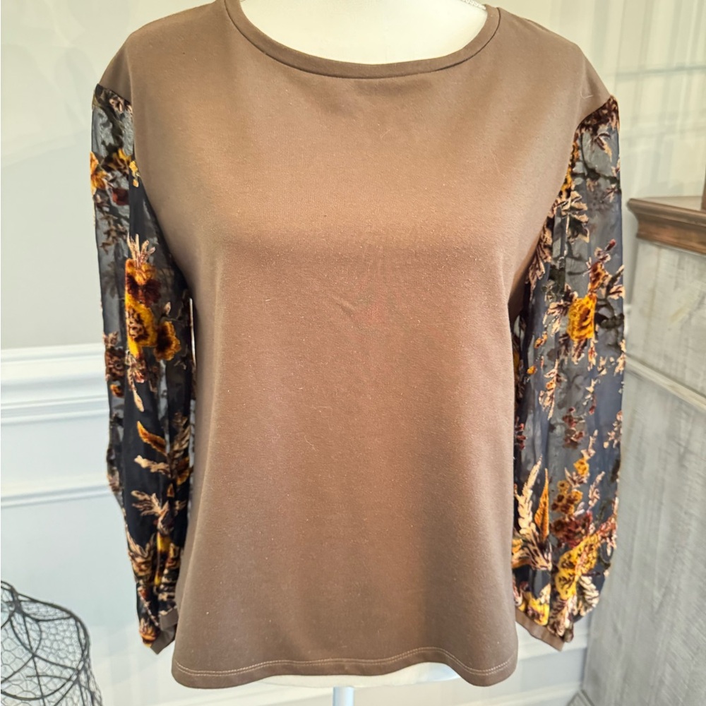 Umgee Brown Top with Floral Velvet & Sheer Sleeves